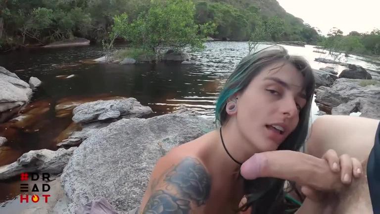 Tattooed girlfriend loves riding cock during hiking trips