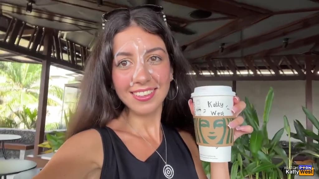 Crazy cum walk at Starbucks and coffee with fresh sperm