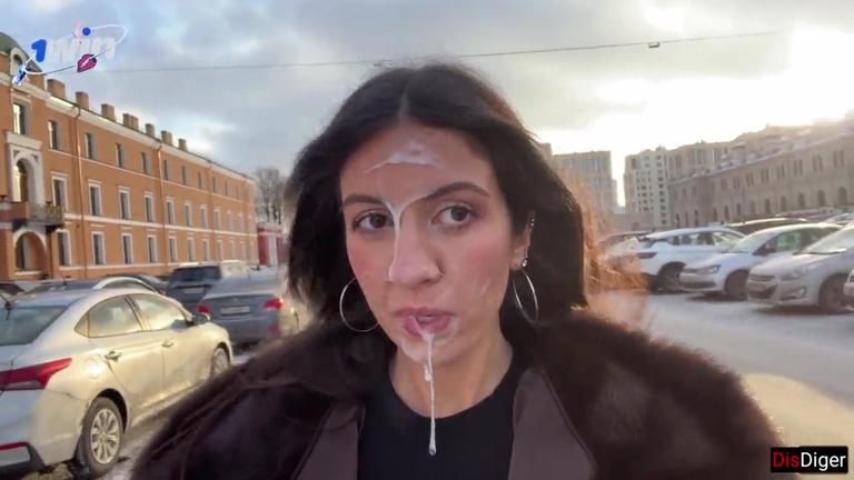 Brunette Beauty Walks With Cum on Her Face In Public