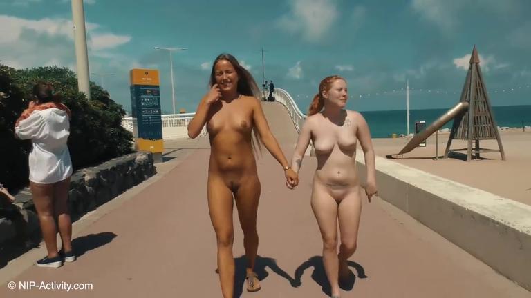 Two Lovely Girls Walking Naked In Public Around The Barcelona Waterfront