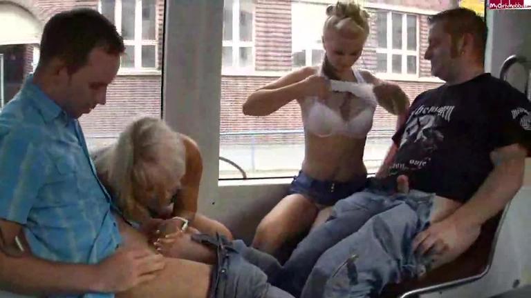 Two horny sluts using the public transport system for exhibitionist sex