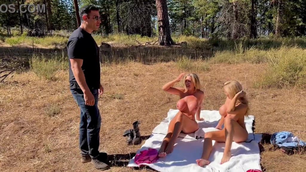 Two big titty nudist Milfs seduce a stranger for a public threesome