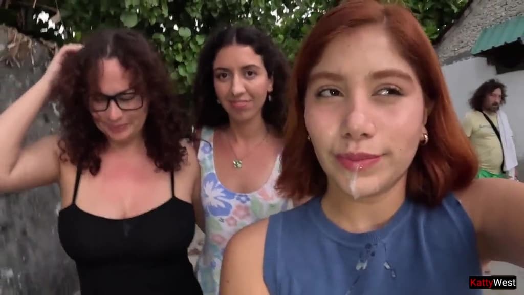 Public cumwalk with three sluts after fucking one lucky man