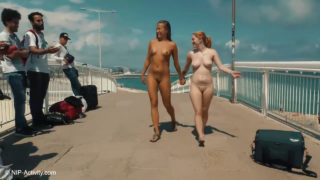 Two Lovely Girls Walking Naked In Public Around The Barcelona Waterfront